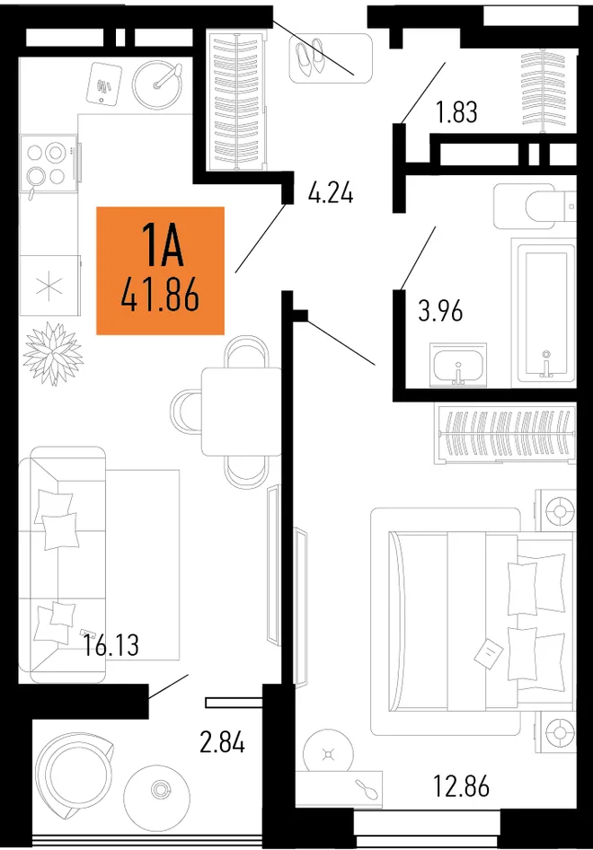 Планировка 1-комн. квартира, 41.86 м² ЖК «Столицыно» Планировка 1-комн. квартира, 41.86 м² ЖК «Столицыно»