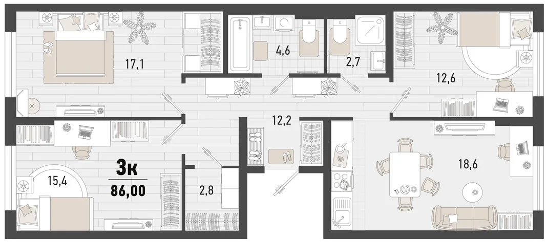 Планировка 3-комн. квартира, 86 м² ЖК «Барса»