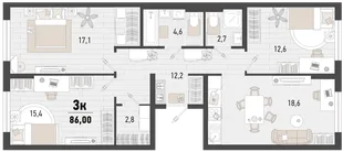 Планировка 3-комн. квартира, 86 м² ЖК «Барса»