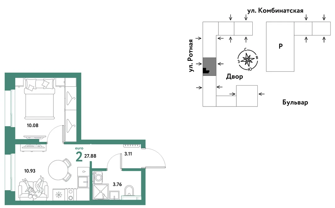 Планировка 2-комн. квартира, 27.72 м² ЖК «Уральский сад»