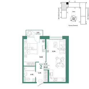 Планировка 2-комн. квартира, 41.1 м² ЖК «Микрорайон Домашний»