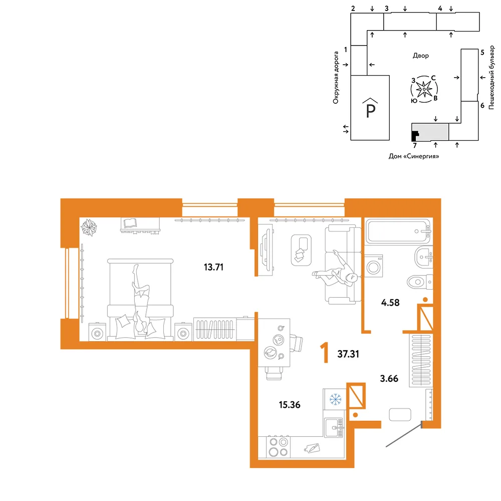 Планировка 1-комн. квартира, 37.31 м² ЖК «Юнион»