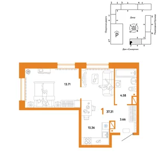 Планировка 1-комн. квартира, 37.31 м² ЖК «Юнион»