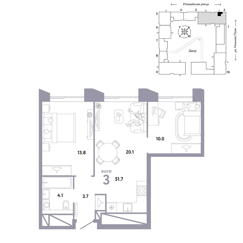 Планировка 3-комн. квартира, 51.7 м² ЖК «Страна.Заречная»