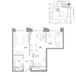 Планировка 3-комн. квартира, 51.7 м² ЖК «Страна.Заречная»