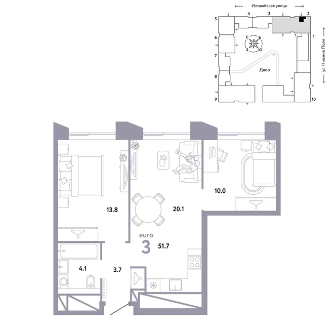 Планировка 3-комн. квартира, 51.7 м² ЖК «Страна.Заречная» Планировка 3-комн. квартира, 51.7 м² ЖК «Страна.Заречная»