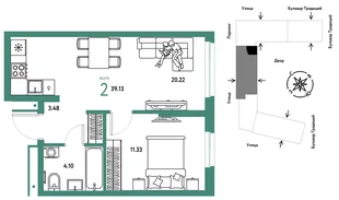 Планировка 2-комн. квартира, 39.13 м² ЖК «Микрорайон Домашний»