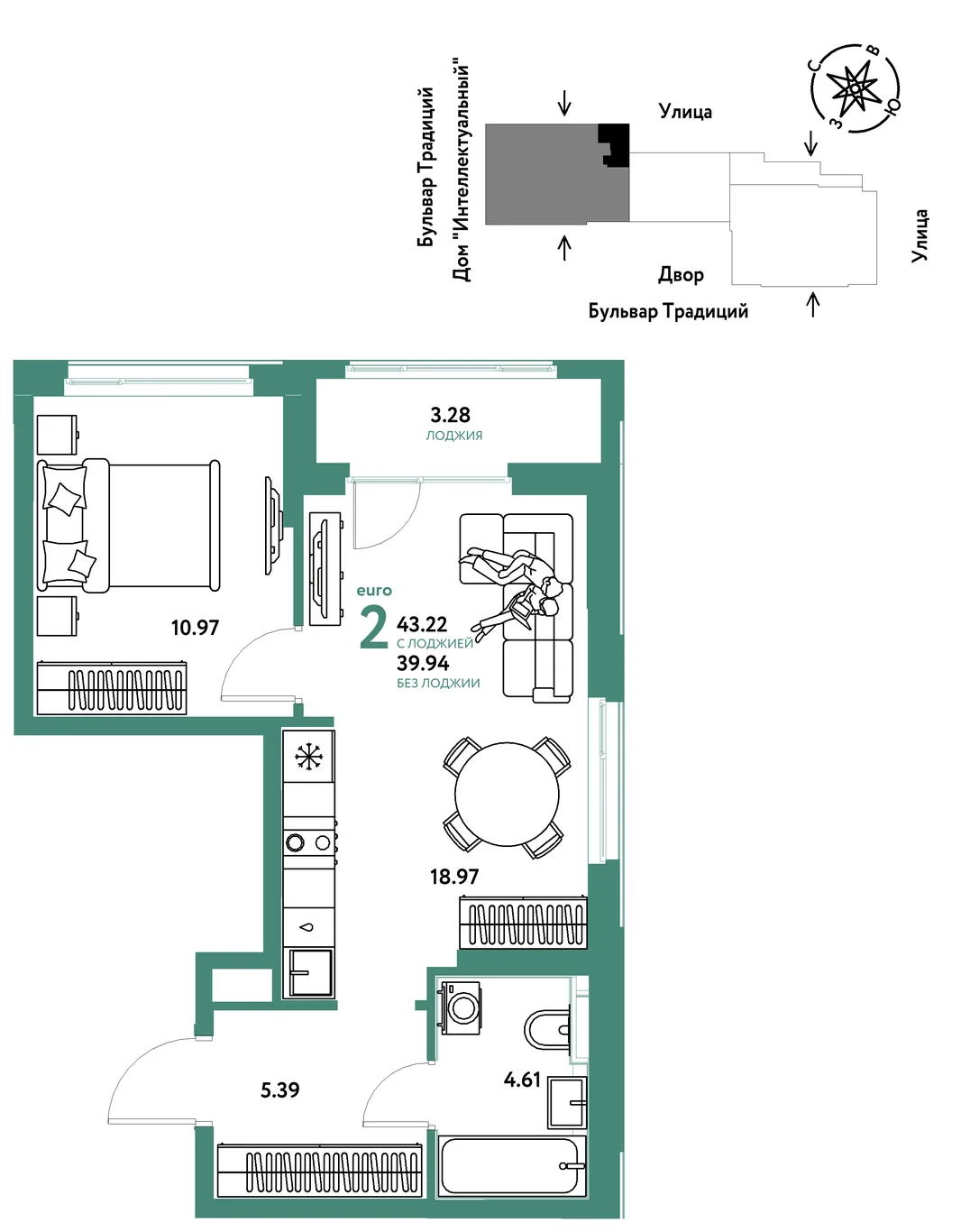 Планировка 2-комн. квартира, 43.22 м² ЖК «Микрорайон Домашний»