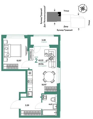 Планировка 2-комн. квартира, 43.22 м² ЖК «Микрорайон Домашний»