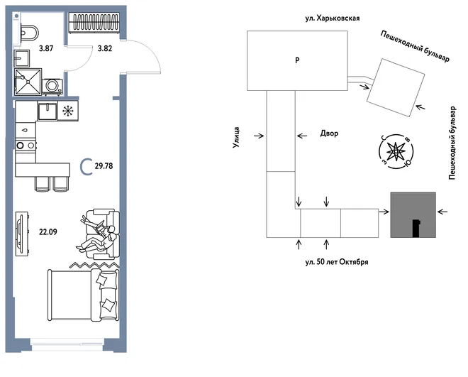 Планировка Студия, 29.78 м² ЖК «Сердце Сибири»
