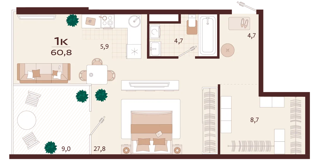 Планировка 1-комн. квартира, 60.8 м² ЖК «Роялта»