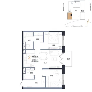 Планировка 2-комн. квартира, 64.96 м² ЖК «Репаблик»