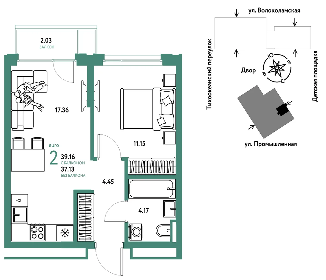 Планировка 2-комн. квартира, 39.16 м² ЖК «Страна Прибрежная»