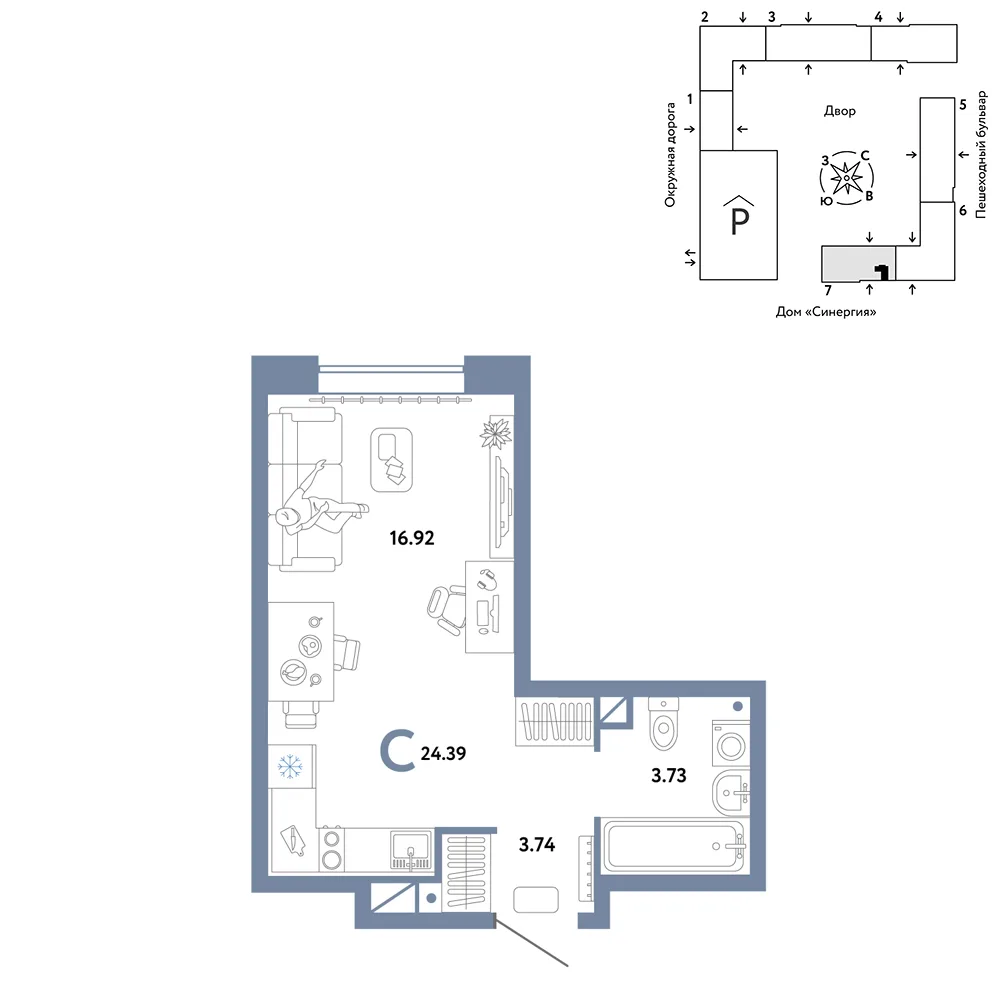 Планировка Студия, 24.39 м² ЖК «Юнион»
