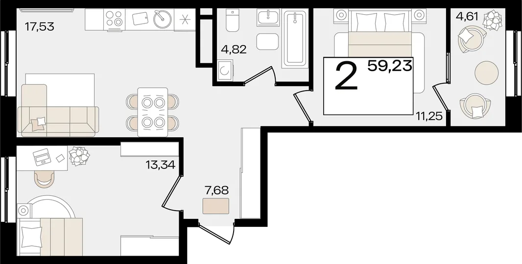 Планировка 2-комн. квартира, 59.23 м² ЖК «Патрики»