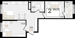 Планировка 2-комн. квартира, 59.23 м² ЖК «Патрики»