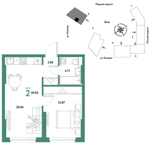 Планировка 2-комн. квартира, 39.93 м² ЖК «Сибирский сад»