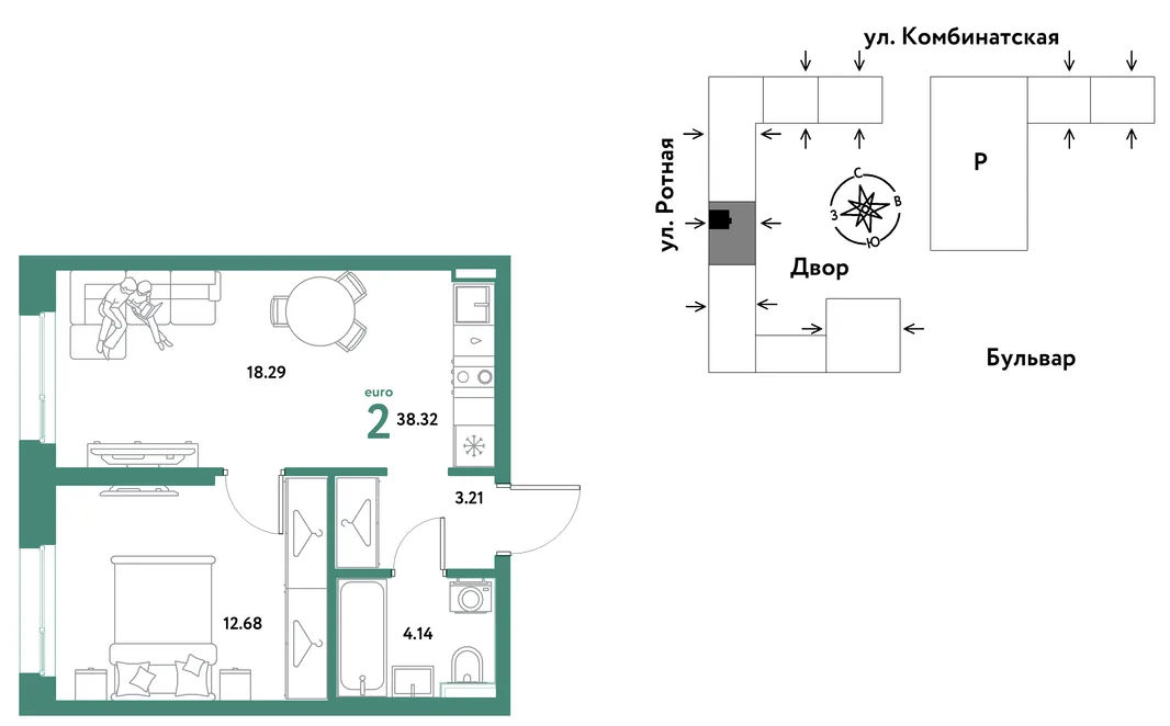 Планировка 2-комн. квартира, 38.11 м² ЖК «Уральский сад»