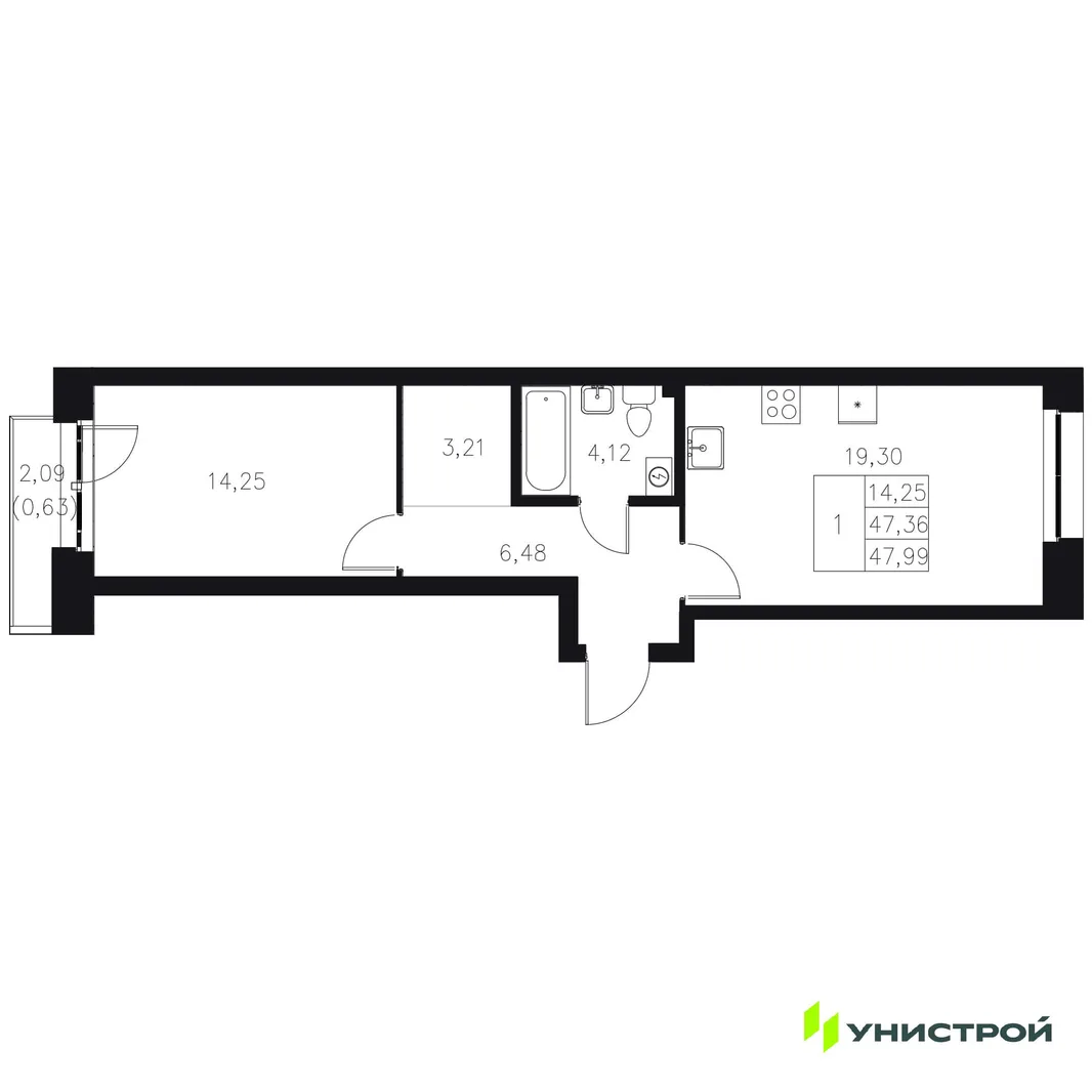 Планировка 1-комн. квартира, 47.99 м² ЖК «Statum»