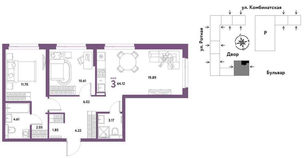 Планировка 3-комн. квартира, 63.51 м² ЖК «Уральский сад»