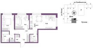 Планировка 3-комн. квартира, 63.51 м² ЖК «Уральский сад»