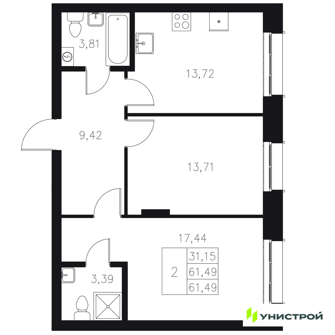 Планировка 2-комн. квартира, 61.49 м² ЖК «Statum»