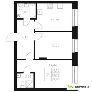 Планировка 2-комн. квартира, 61.49 м² ЖК «Statum»