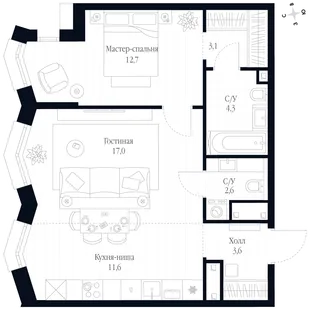 Квартира 2-комн. квартира, 54.9 м² ЖК «Фордевинд» Фото 1 Квартира 2-комн. квартира, 54.9 м² ЖК «Фордевинд» Фото 1