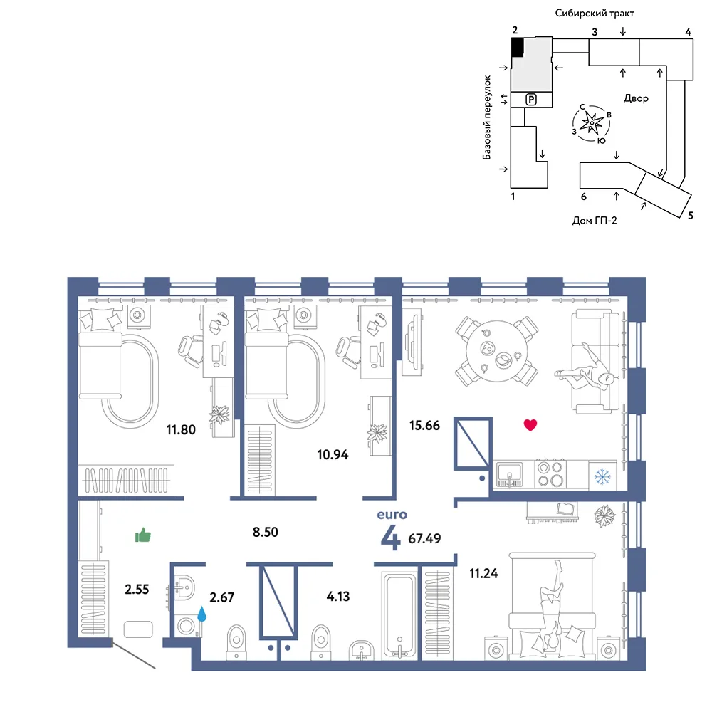 Планировка 4-комн. квартира, 67.49 м² ЖК «Сибирский сад»