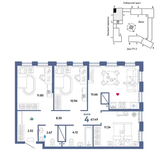Планировка 4-комн. квартира, 67.49 м² ЖК «Сибирский сад»