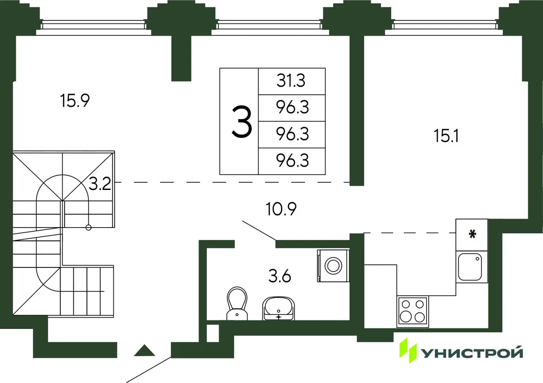 Планировка 3-комн. квартира, 96.3 м² ЖК «Парковый квартал 2.0»