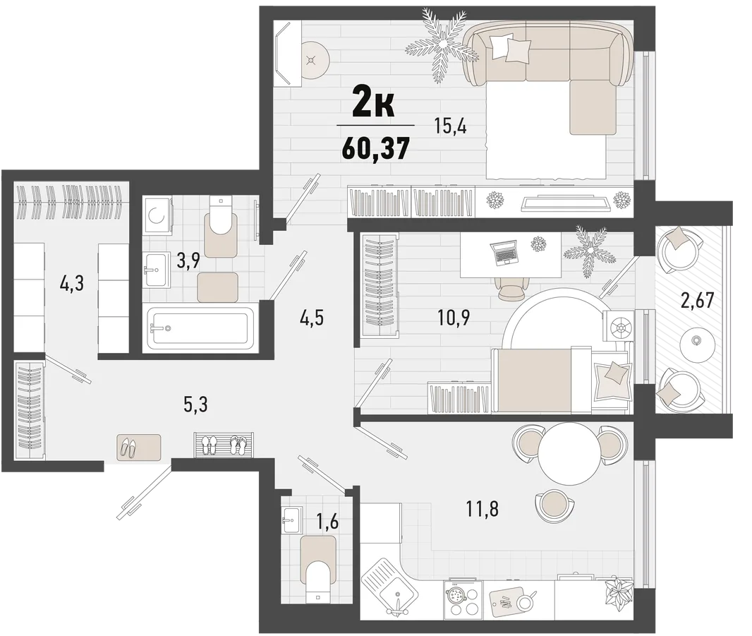 Планировка 2-комн. квартира, 60.37 м² ЖК «Барса»