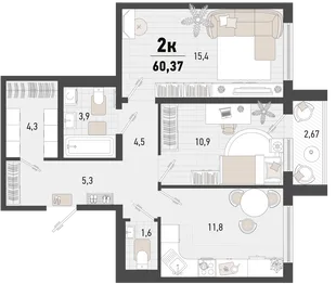 Планировка 2-комн. квартира, 60.37 м² ЖК «Барса»