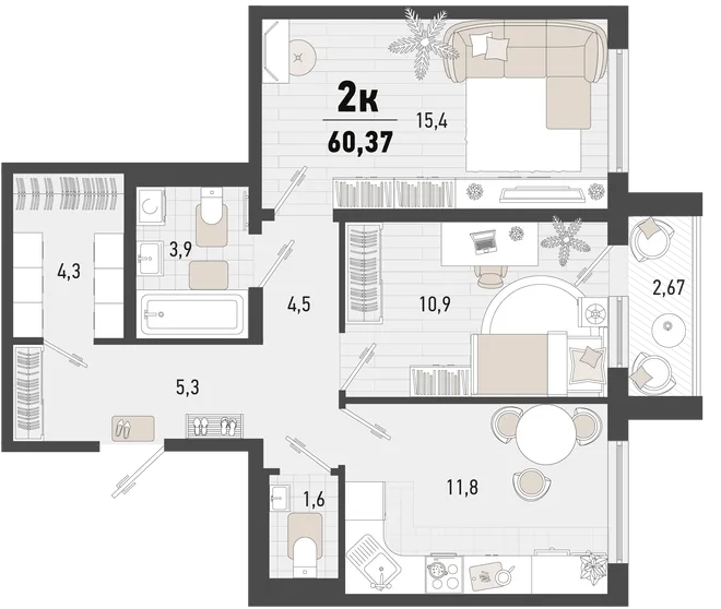 Планировка 2-комн. квартира, 60.37 м² ЖК «Барса» Планировка 2-комн. квартира, 60.37 м² ЖК «Барса»