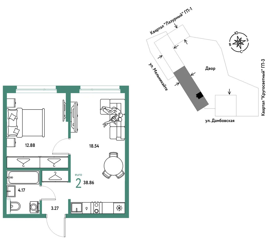 Планировка 2-комн. квартира, 38.86 м² ЖК «Страна Прибрежная»