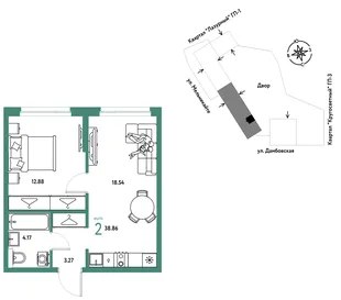 Планировка 2-комн. квартира, 38.86 м² ЖК «Страна Прибрежная»