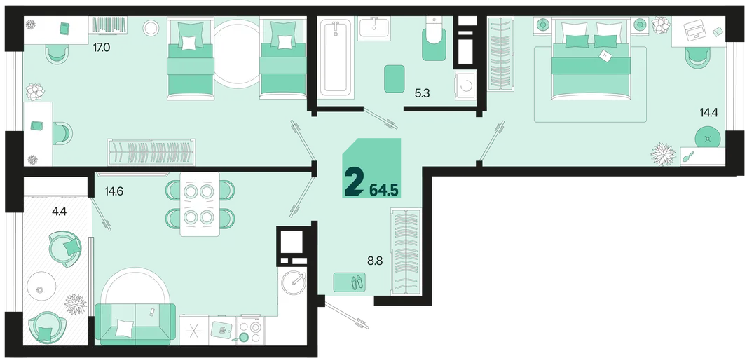 Планировка 2-комн. квартира, 64.5 м² ЖК «Первое место»