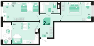 Планировка 2-комн. квартира, 64.5 м² ЖК «Первое место»