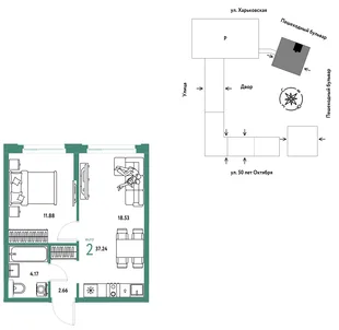 Планировка 2-комн. квартира, 37.24 м² ЖК «Сердце Сибири»