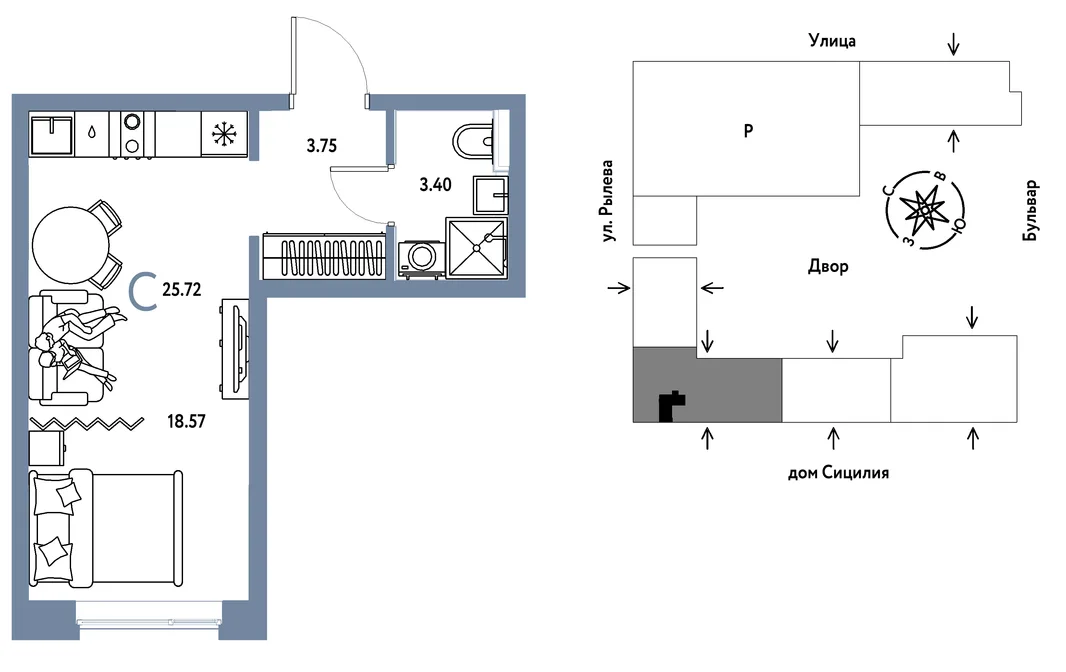 Планировка Студия, 25.72 м² ЖК «Остров-сад»