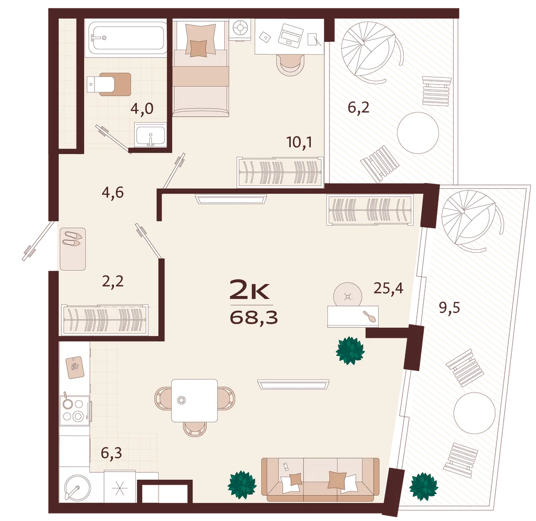 Планировка 2-комн. квартира, 68.3 м² ЖК «Роялта»
