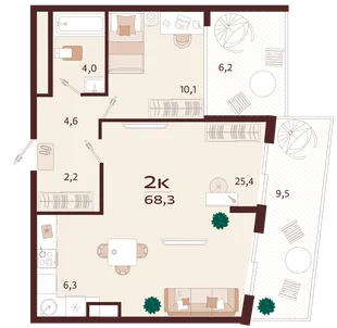 Планировка 2-комн. квартира, 68.3 м² ЖК «Роялта»