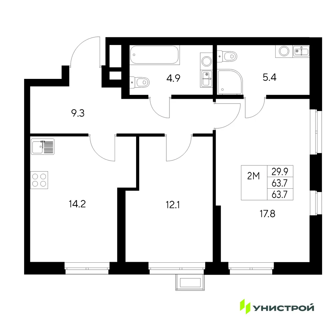 Планировка 2-комн. квартира, 63.7 м² ЖК «Стадиум»