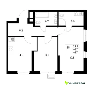Планировка 2-комн. квартира, 63.7 м² ЖК «Стадиум»