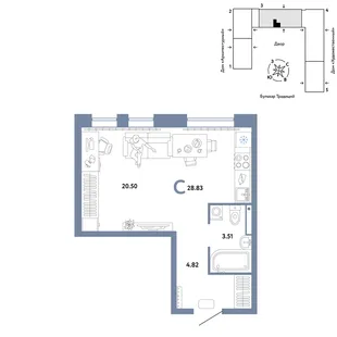 Планировка Студия, 28.83 м² ЖК «Микрорайон Домашний»