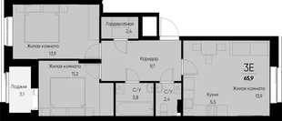 Планировка 3-комн. квартира, 65.9 м² ЖК «Васильевский остров»
