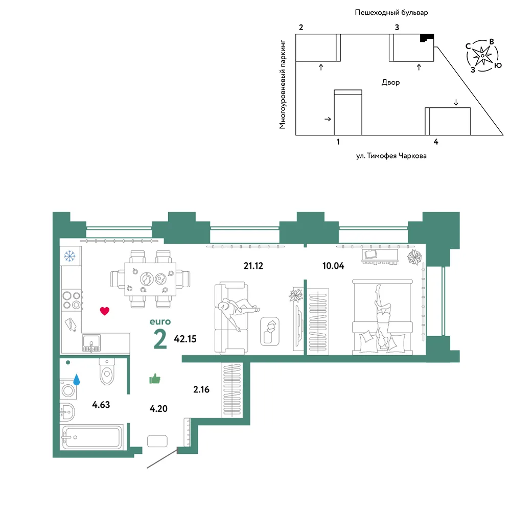 Планировка 2-комн. квартира, 42.15 м² ЖК «Микрорайон Звездный»