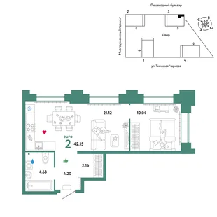 Планировка 2-комн. квартира, 42.15 м² ЖК «Микрорайон Звездный»