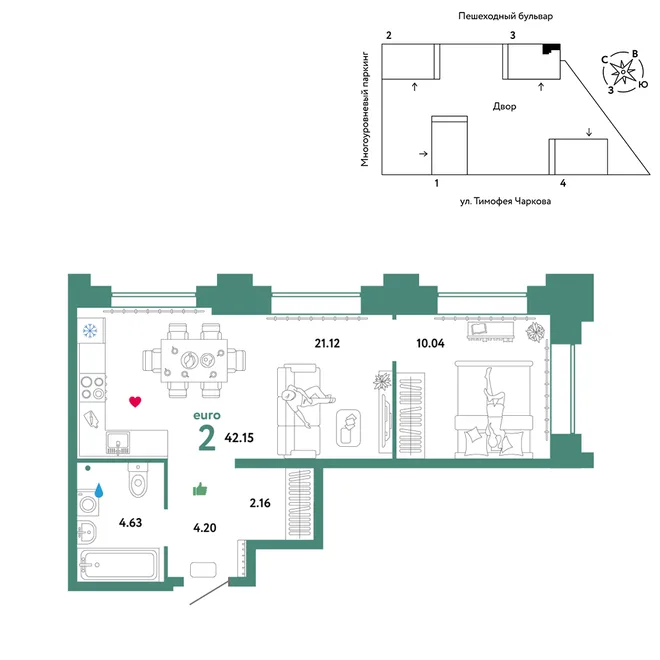 Планировка 2-комн. квартира, 42.15 м² ЖК «Микрорайон Звездный» Планировка 2-комн. квартира, 42.15 м² ЖК «Микрорайон Звездный»