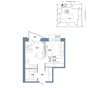 Планировка 2-комн. квартира, 36.8 м² ЖК «Страна.Заречная»